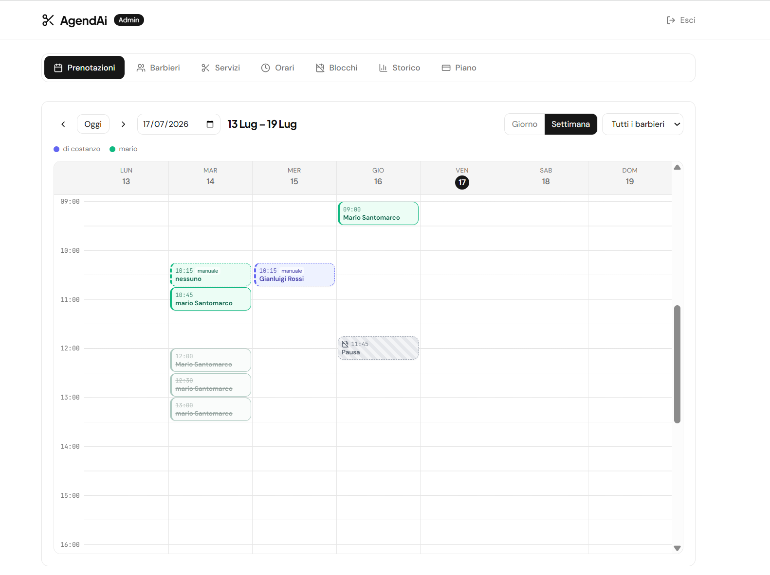 Calendario prenotazioni admin SalonAI