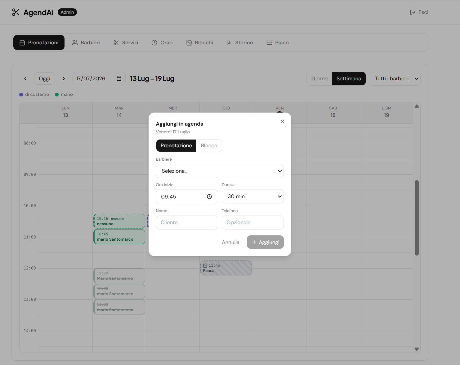 Dashboard gestione prenotazioni SalonAI